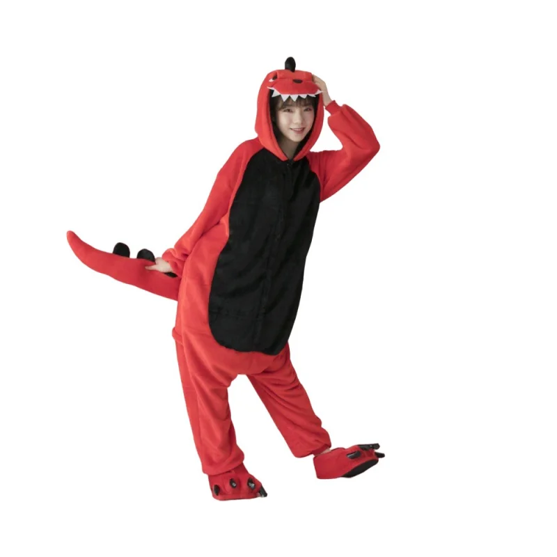 Red Dinosaur Beast Jumpsuit Night-clothes Mature Trendy Individual Endearing Comfortable Cold-proof Fluffy Women's Home Wear