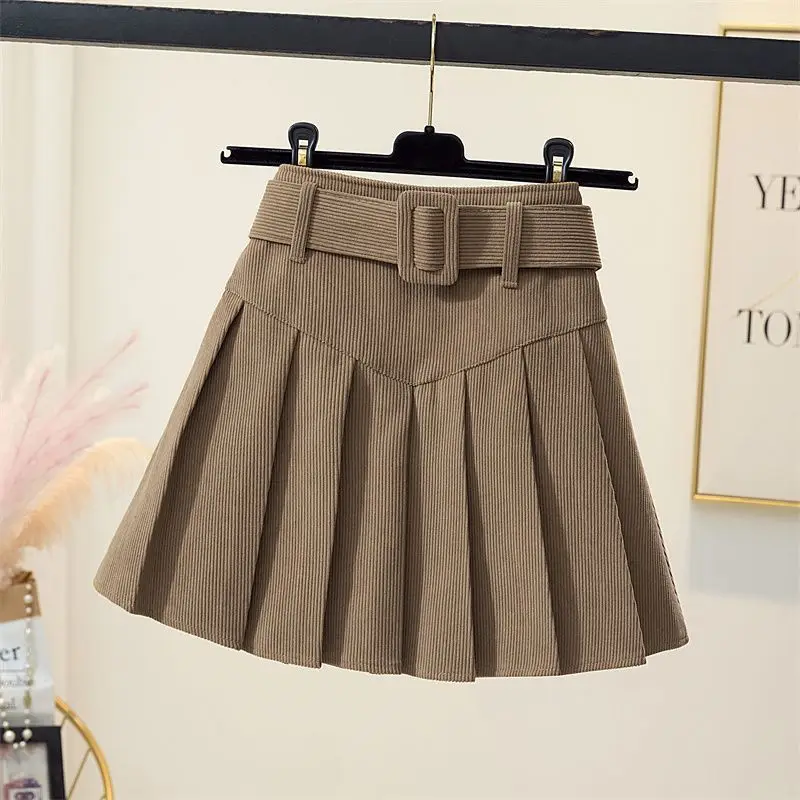 Vintage Corduroy Half Skirt Autumn Winter New High Waist Solid Color Pleated A-line Short Skirt Fashion Sweet Women Clothing