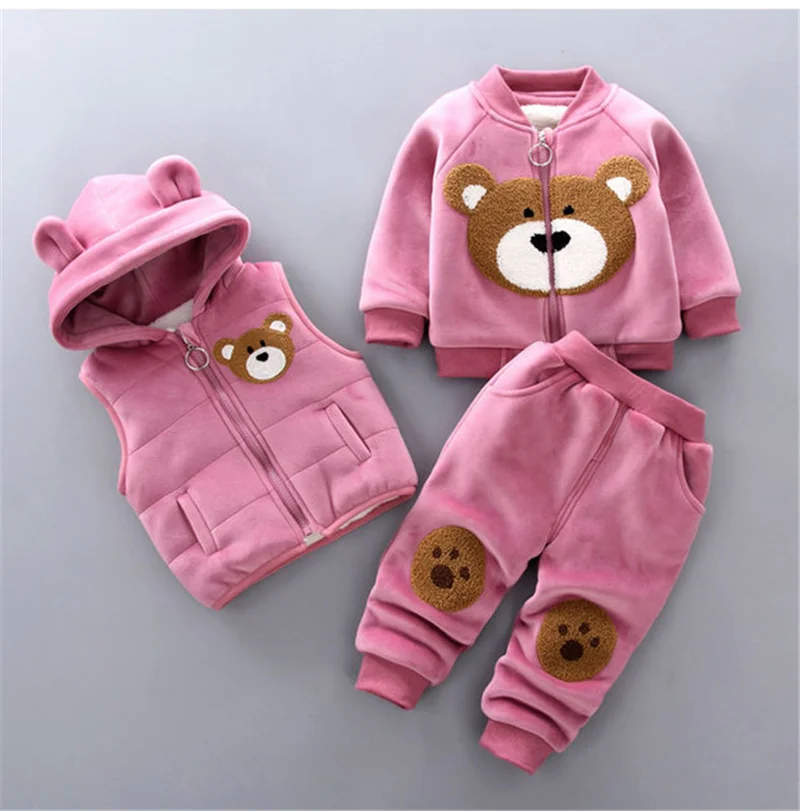 Kids Clothes Set Baby Boy Autumn Cotton Thick Warm Casual Hooded Sweater Winter Cartoon Cute Bear Three-Piece 0-5Y