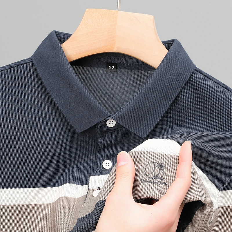 

High End Designer Men's Polo Shirt 2023Summer New Lapel Striped Embroidery Short Sleeve European Business Trend Fashion Clothing