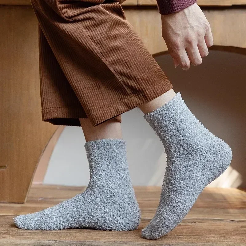 Winter Herren Halbe Fleece Socken Thermo Korallen Fleece Reine Farbe Warm Verdicken Weiche Mid-rohr Boden Hause Schlafen socken für Frauen – Detail 13