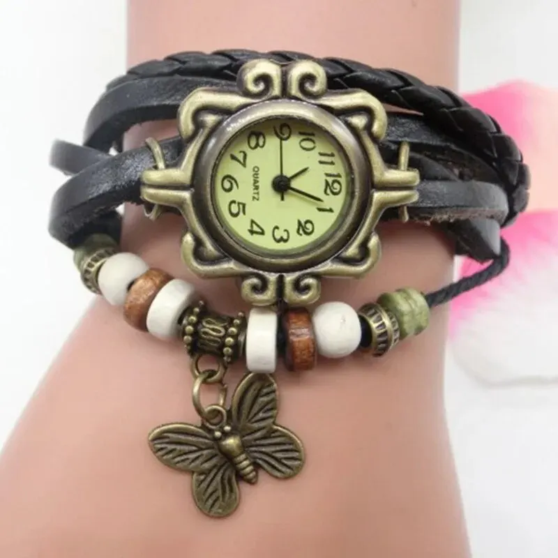 Leather Strap Butterfly Pendant Women Bracelet Watch women watches