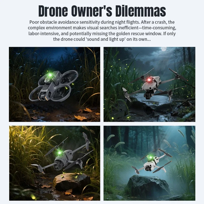 Alarme sonore et lumineuse pour drone – 120dB, LED 120 lumens, montrant le port USB-C de recharge.