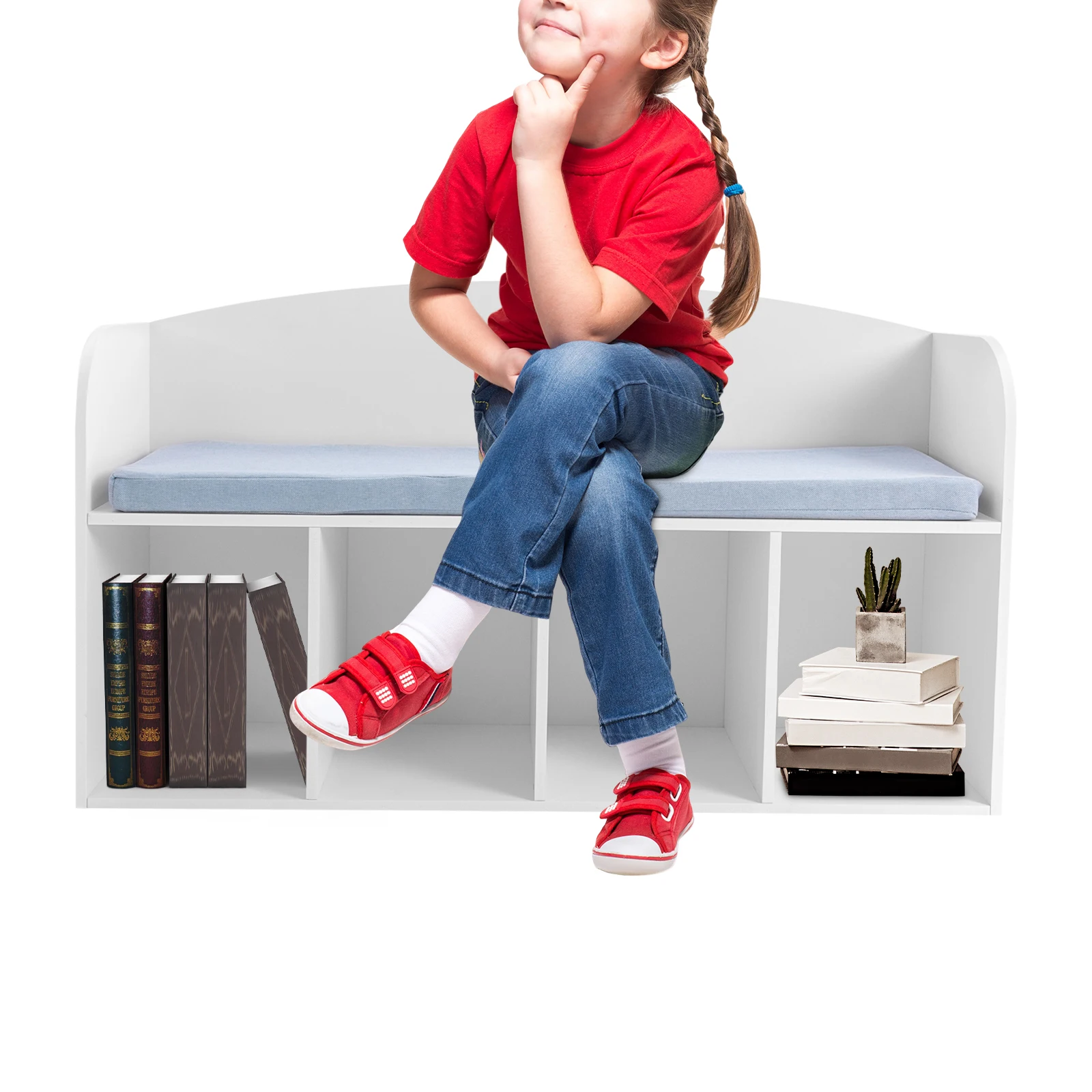 White PVC, Cloth, Sponge Kids Bookshelf with Reading Nook, Bookshelf with Soft Cushion, Storage Bench with Book Rack 2