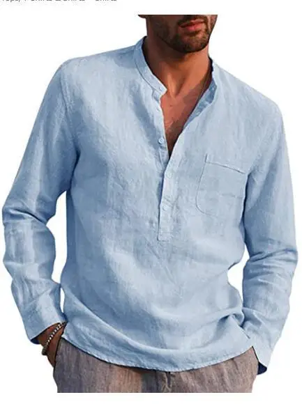Plus Size Men Cotton Linen Long-Sleeved Shirts Summer Solid Color Stand-Up Collar Casual Beach Style linen shirt