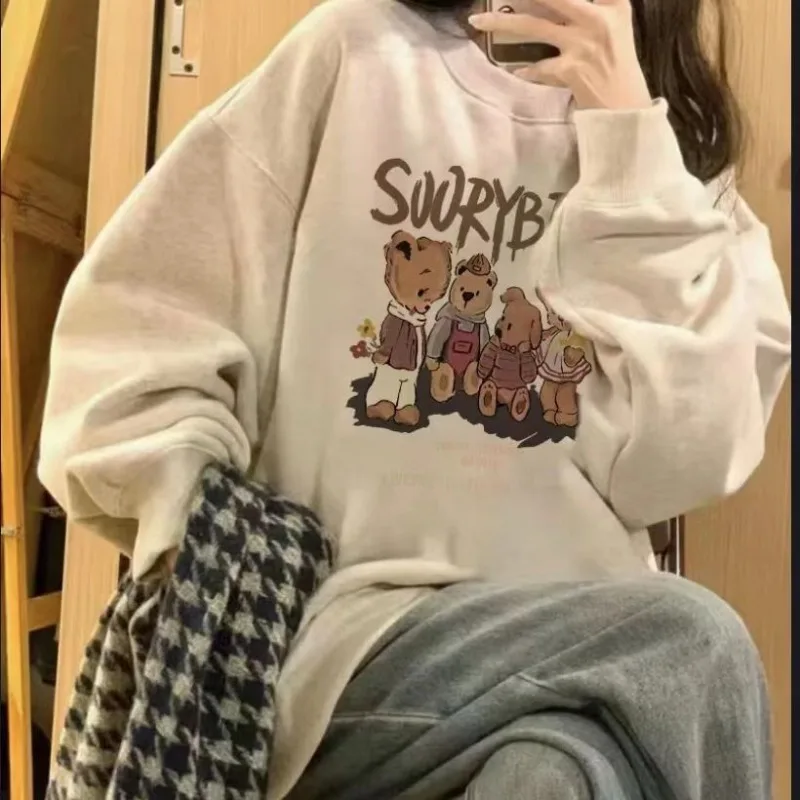 2022 Lazy Style Hatless Sweater Women's Spring and Autumn Thin Solid Color Bear Print Small Loose and Slim Versatile Sweater