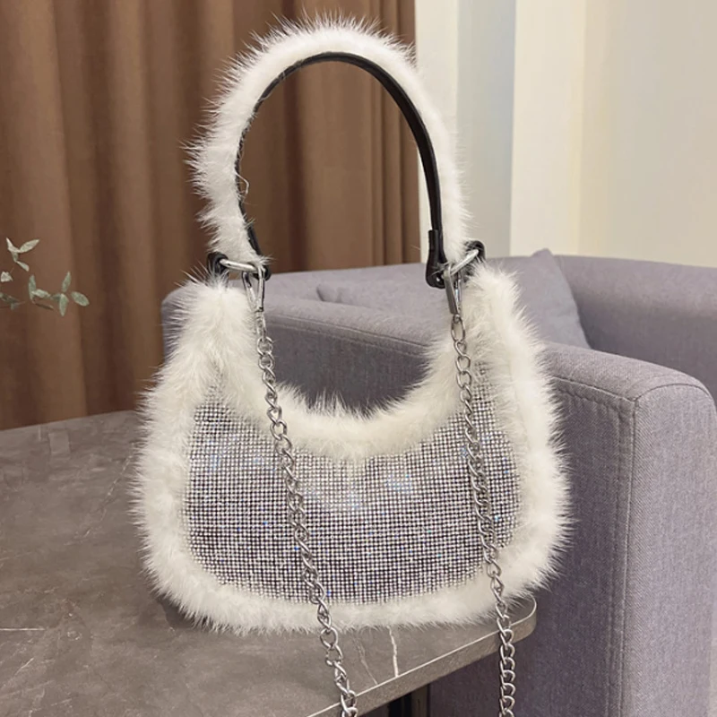 

Luxury Fur Diamond Women Bag 2024 New High Quality Sparkling Diamond Underarm Bag Chain Strap Crossbody Bag