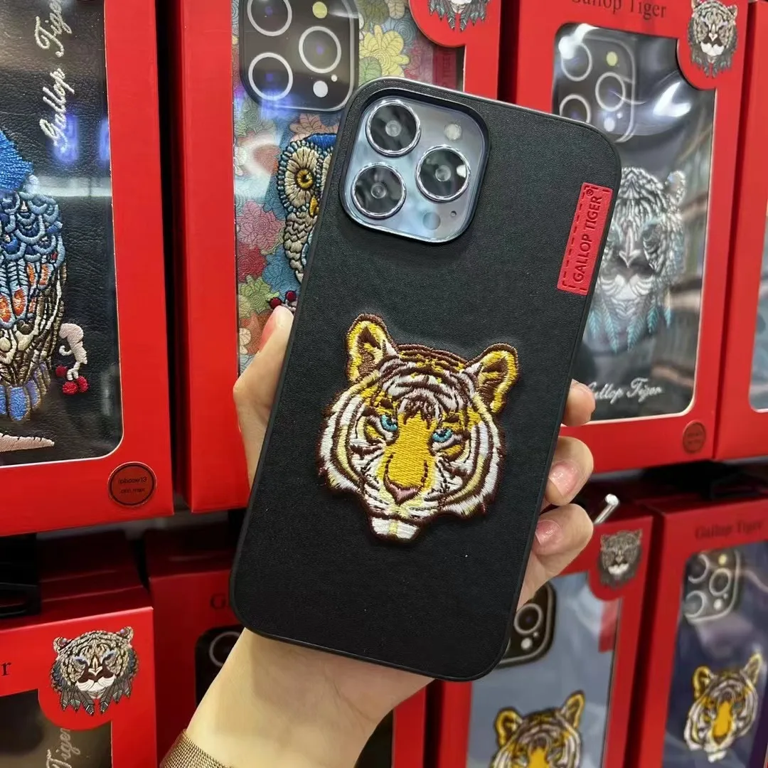 3d bordado bonito gato lobo tigre urso couro caso do telefone para o iphone  14 pro