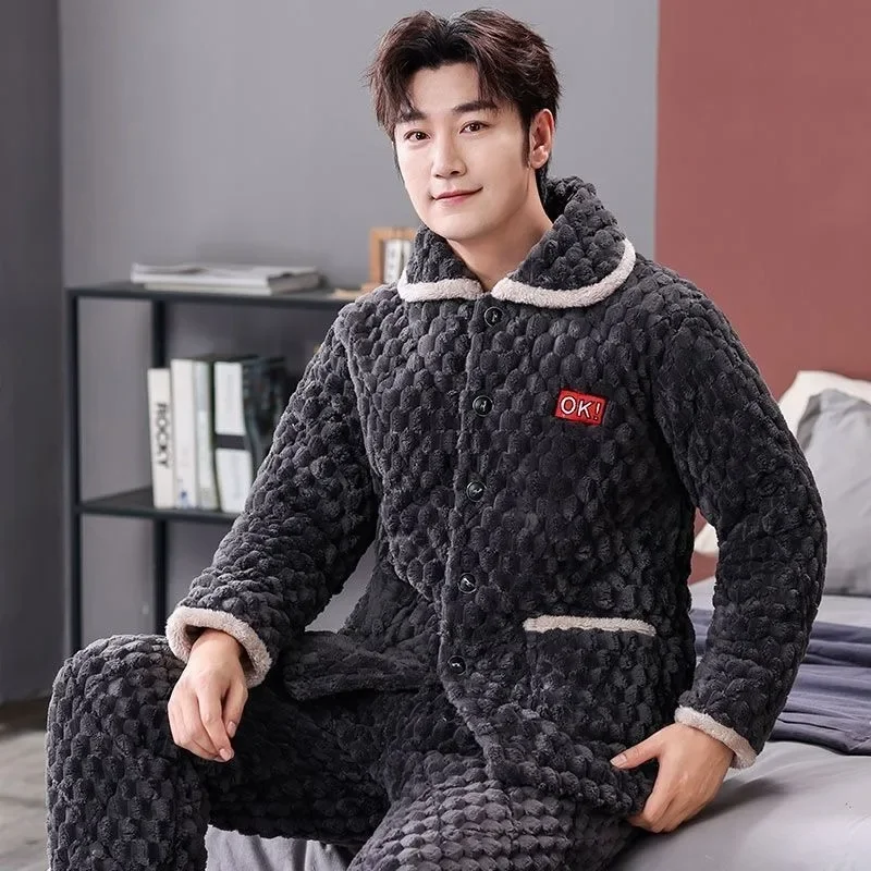 2024 New Autumn Winter Coral Velvet Men's Pajamas Three Layers of Cotton Loungewear Thickened Plushing Flannel Homewear Warm Set