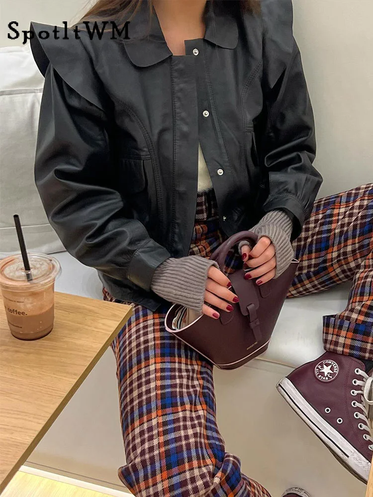 

Модные укороченные пальто из искусственной кожи с лацканами, Женская однобортная куртка с длинным рукавом, женская уличная одежда с карманами, весна 2024