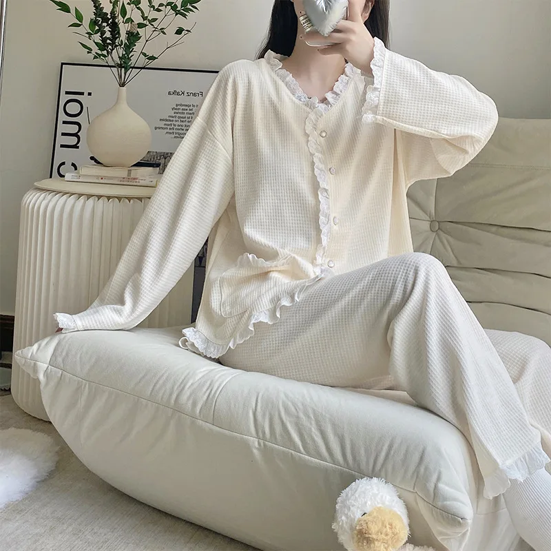 Women 2 Pieces Pajamas Sets 100% Cotton Pijama Print Female Pyjama Sleepwear Long Sleeve Shirt Pants Suit Homewear Loungewear