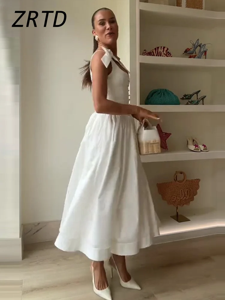 Elegant Bow Long Slip Dress Women Square Collar Sleeveless Backless Button  A-Line Dresses 2025 Summer Lady White Party Robes - AliExpress 200000345