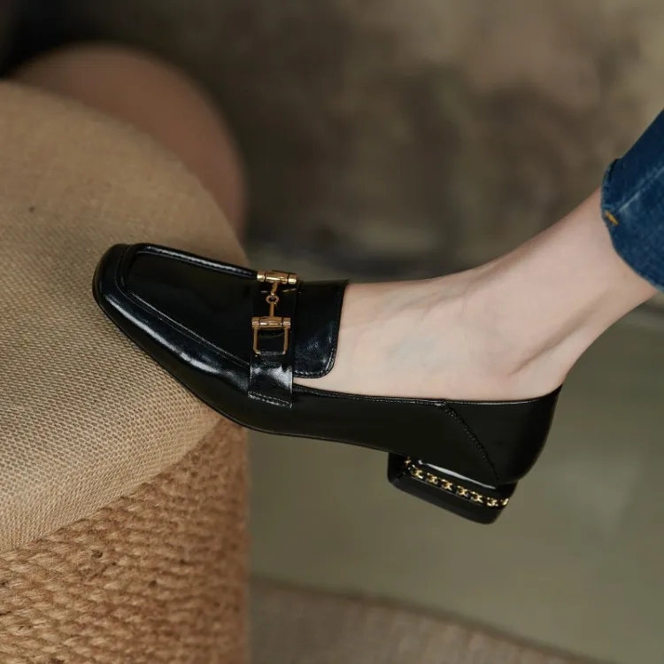 

Women's Retro Buckle Low Heel Women's Shoes 2023 Spring Genuine Leather Women's Loafers Solid Color Square Toe Thick Heels