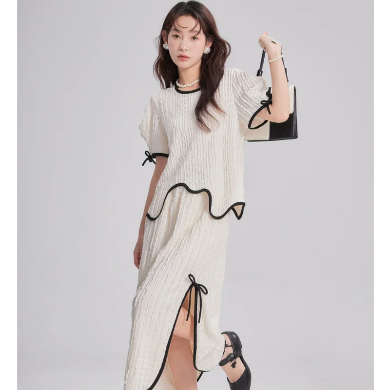 Korea Women'S Suit Long Skirt New Summer Fashion Solid Color Short Sleeve Skirt 2 Two Piece Set 2024