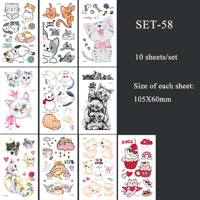 Tatuaggi Temporanei Bambini - 10 Modelli Gatti, Atossici, Resistenti All'Acqua, Per Divertimento