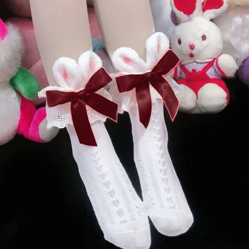로리타 카와이 토끼 귀면 양말 여자 여자 프릴 레이스 리본 보우 양말