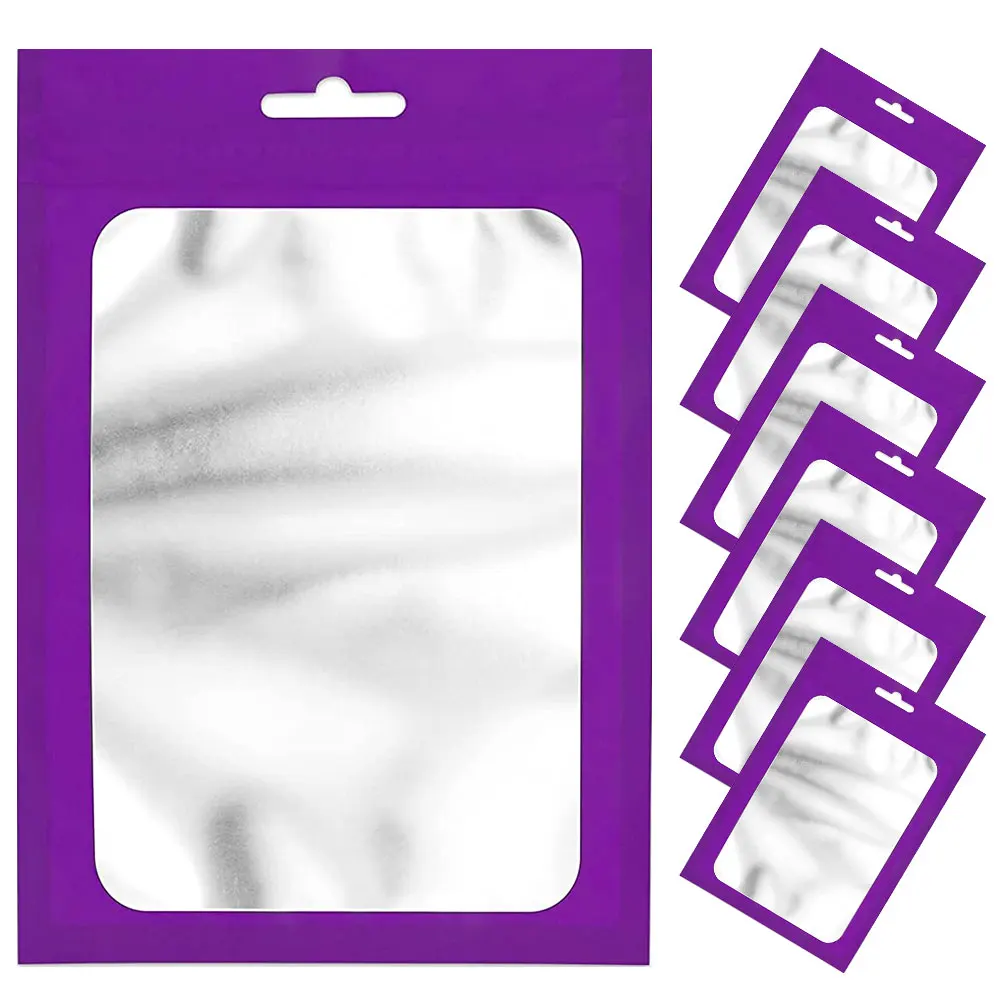50-100pcs Purple Foil Pouches Zipper Hang Bags with Clear Window for Jewelry Display Packaging Self Sealing Reusable Mylar Bags 50pcs reusable mylar bags ziplock hang bags with clear window for jewelry display packaging self sealing food storage supplies