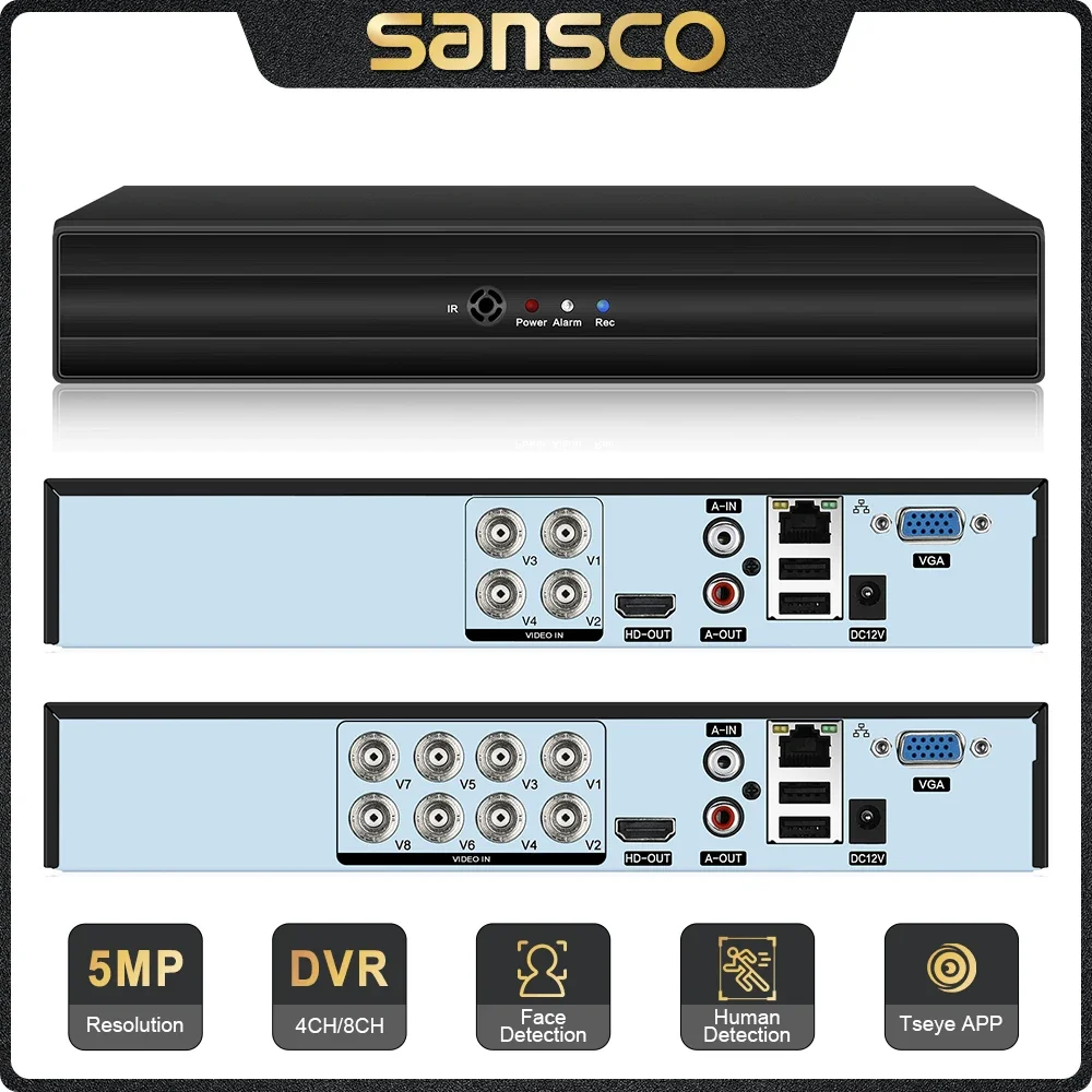 

SANSCO H.265 4-канальный/8-канальный видеорегистратор 5 МП 5 в 1, IP-камера AHD CVI TVI CVBS, гибридный цифровой видеорегистратор, домашняя система безопасности Onvif