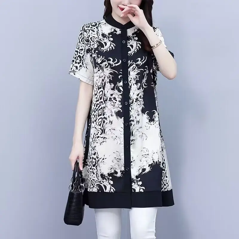 

Women Summer Style Elegant Printing Loose Satin Stand-up Collar Short Sleeve Midi Blouses Ladies Large Size Fashion Tops Q905