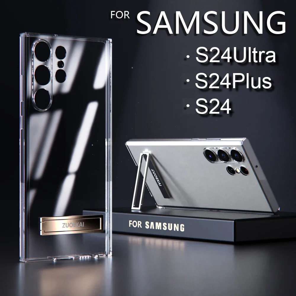 For Samsung Galaxy S24 Ultra S24 S24Plus Transparent Kickstand Case with Bracket Standing Transverse Protective Clear Soft Cases