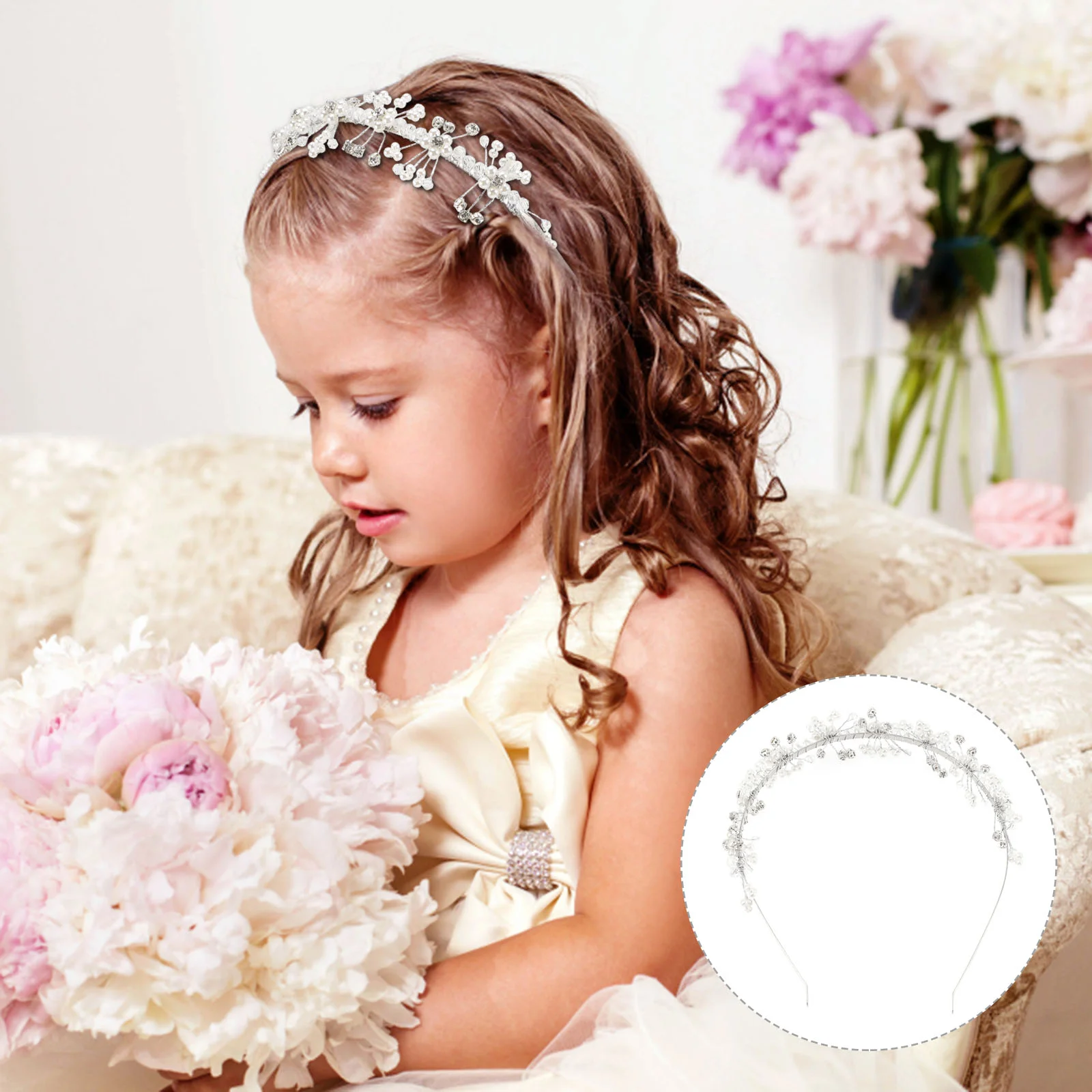 

Flower Girl Wedding Headband Bridal Spring Summer Headpiece for Girls Crystal Beads Crown