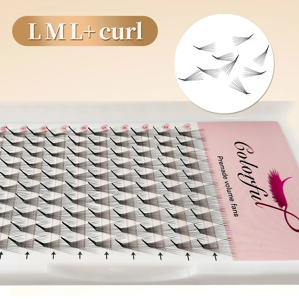 

Colorful L+ M L C D Curl premade fans lashes extensions pointy base russian volume fan 5D 6D 8D 10D 12D L shape promade fan lash