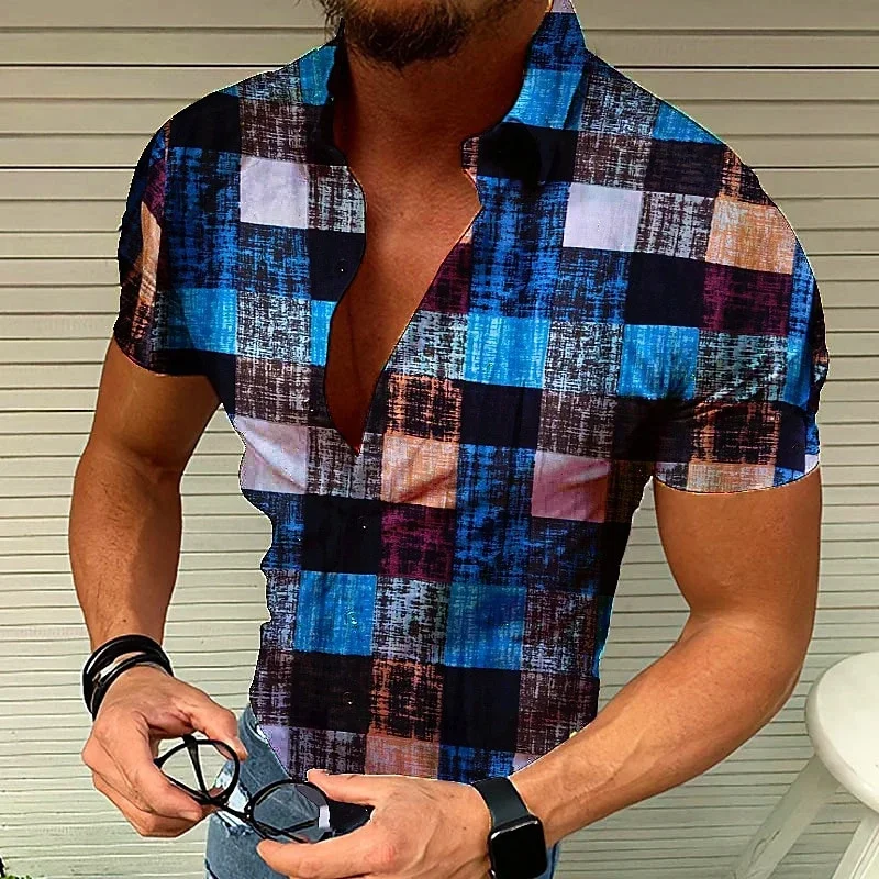 

2023 Summer Hawaii short sleeve plaid print retro shirt men's loose breathable oversized clothing luxury shirt beach street top