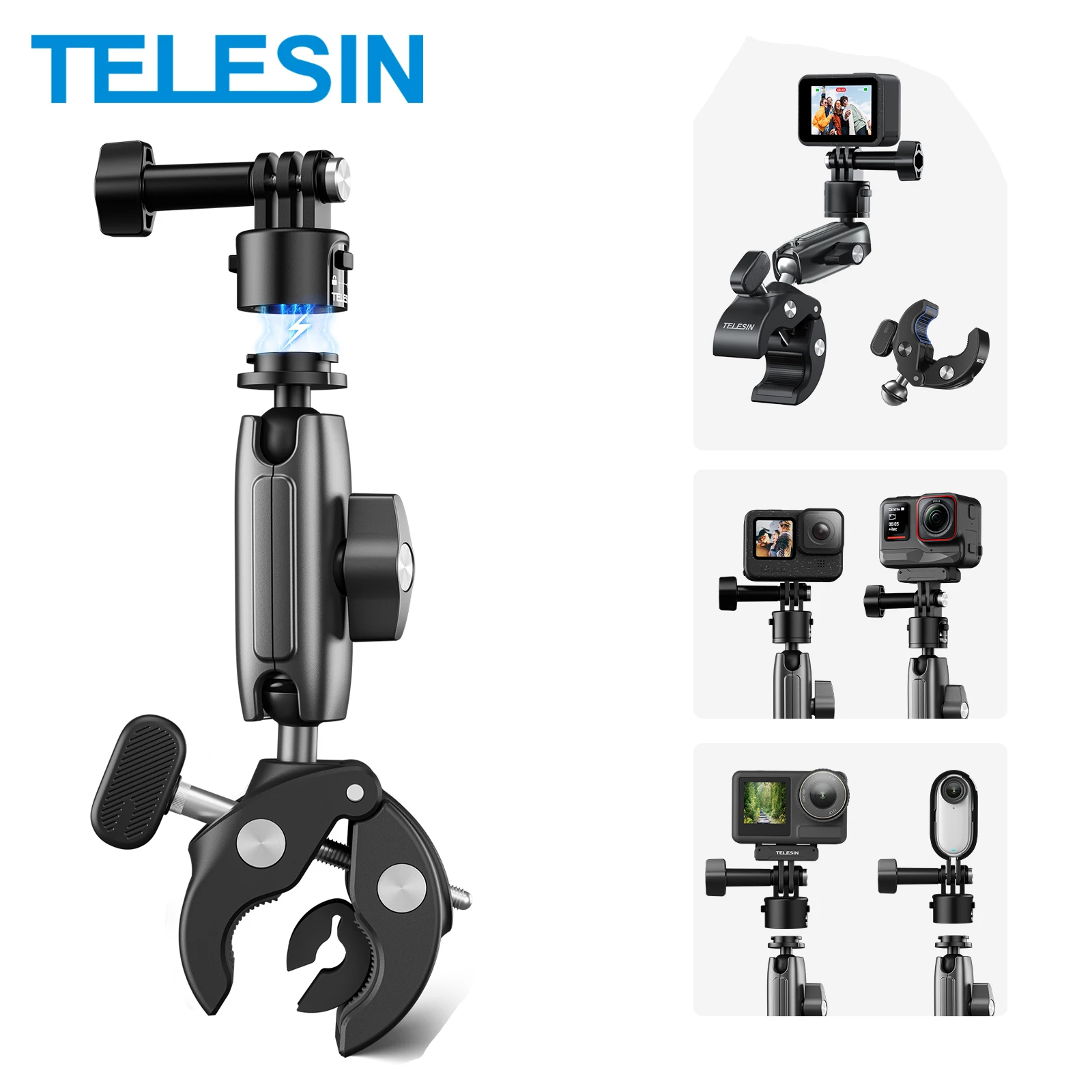 TELESIN Cycling motorcycle clip Quick release magic arm 360&deg; Aluminum alloy super clamp For camera GoPro action camera