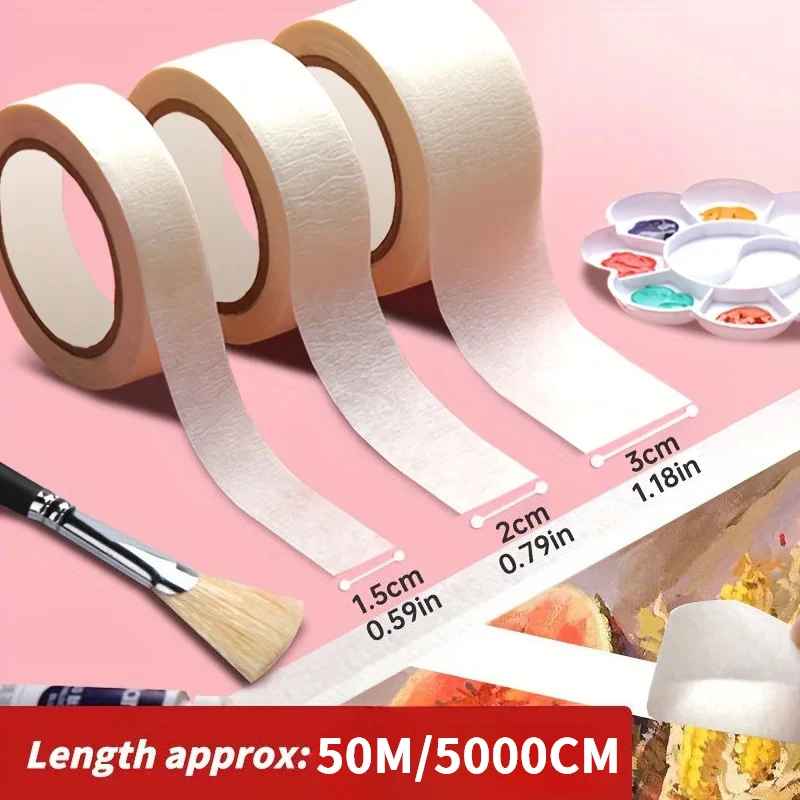 50m/롤 수채화 접착 페인팅 마스킹 테이프 화이트 사이드 테이프 접착 크레이프 종이 유화 스케치 드로잉 용품
