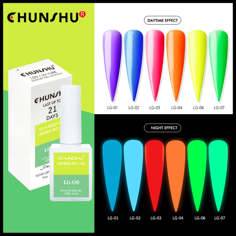 CHUNSHU 15ml Luminous Gel Nail Polish Glow In Dark Color Semi permanent Gels Varnish UV LED Fluorescent Nails Art Lacquer Design
