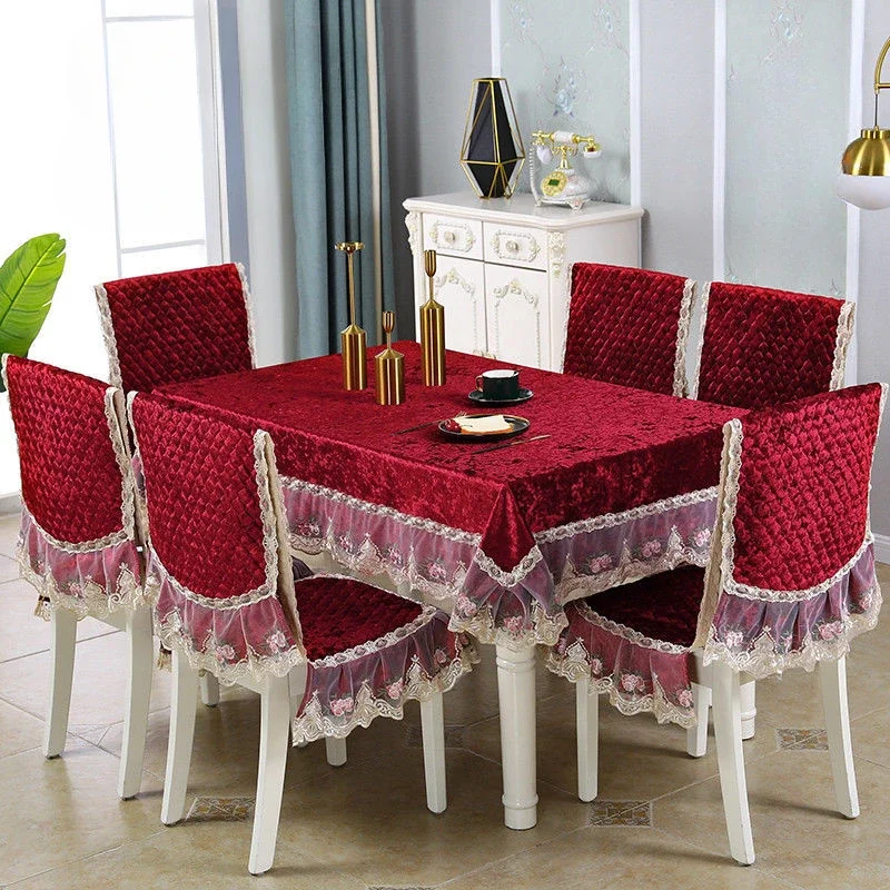 

Lace hem Style Red Blue Connected Chair Cover Lace Edge Integrated Stool Cover Rectangular Tablecloth Thickened Cushion