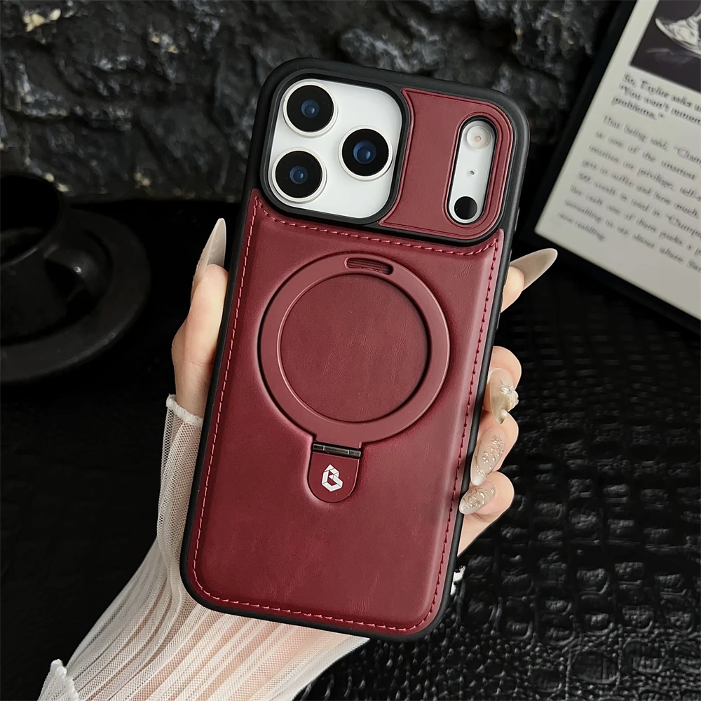 Luxury Magnetic Stand Ring PU Leather Phone Case with Magsafe and Hollow Logo Design