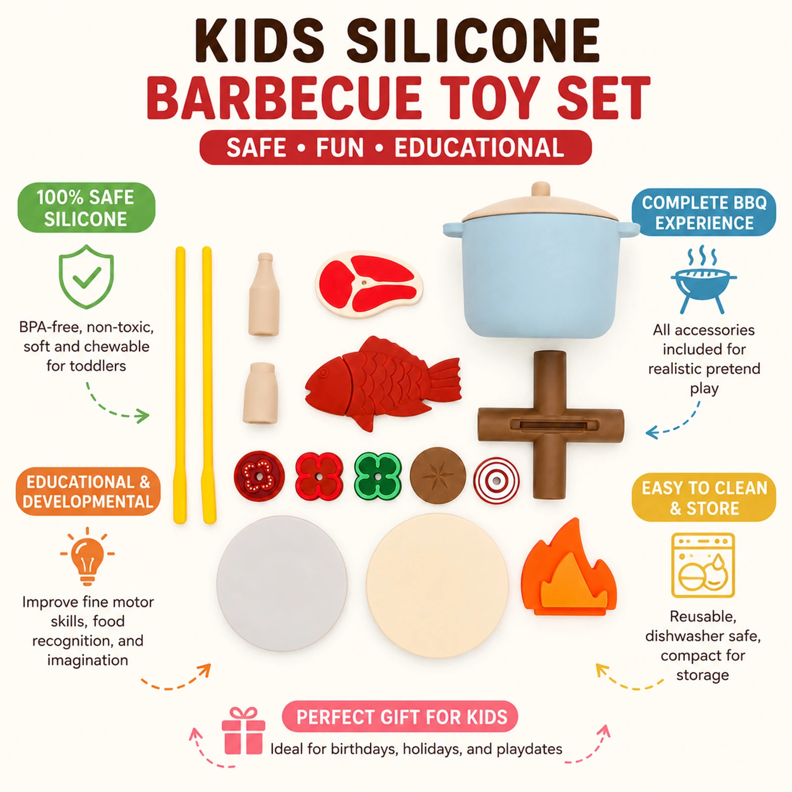 Silikon-Spielset für Kinder, Lagerfeuer-Kochset mit Kebabspießen, Montessori-Spielküchen-Geschenk für Kleinkinder_voghion.com