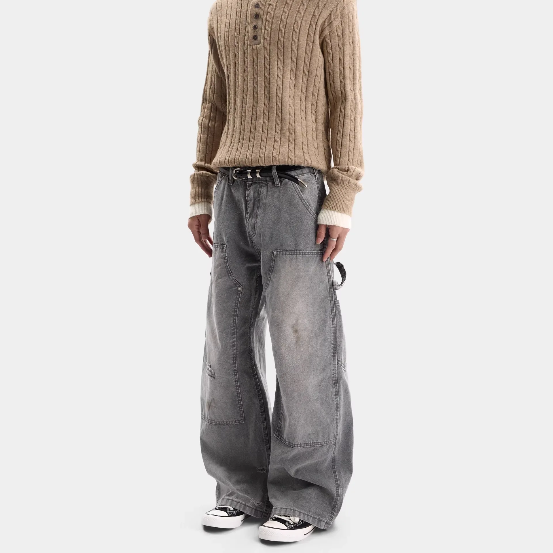 Vintage Distressed Knife Pants Loose Fitting Men's And Women's Style Aged Look Casual Jeans Long Trousers with Pockets 2