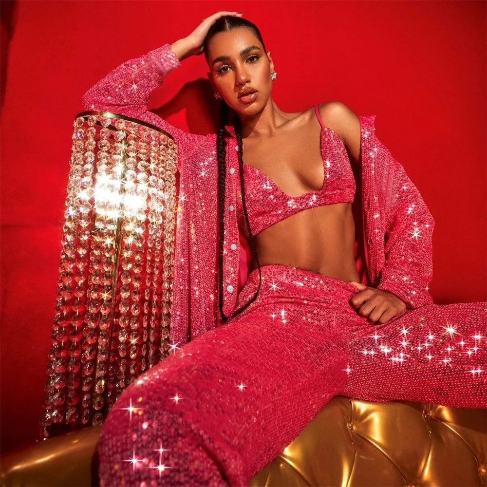 Y2KSequin Long Sleeved Shirt Women'S V-Neck Tank Top Straight Trousers Three Piece Sexy 2024 Spring/Summer Y2K Party Set
