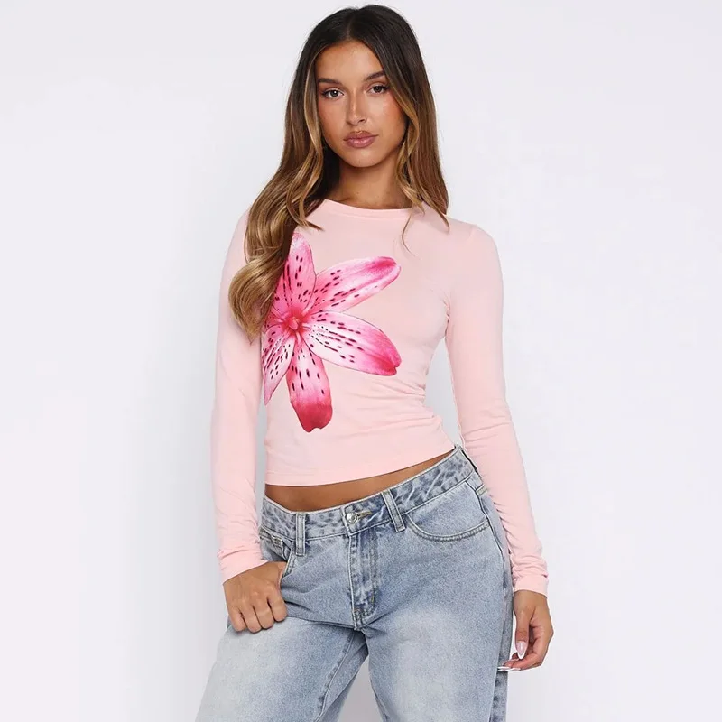 Elegant Spring New Women's Floral Print Crew Neck Long Sleeve T-Shirt Fashion Autumn Slim-fitting Pullover Short Top Blouse