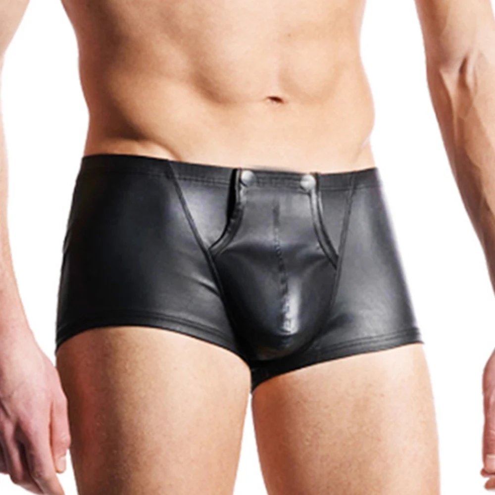 Sexy Men Faux Leather Boxers Shorts Open Crotch U Convex Pouch Boxers Underwear Cool Male Gay Buttons Booty Boxershorts Clubwear