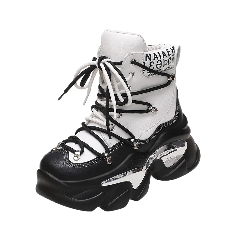 

Women High Platform Ankle Boots New Winter Thick Sole Motorcycle Boots 7.5CM Heels Chunky Leather Sneakers Woman Botas Mujer