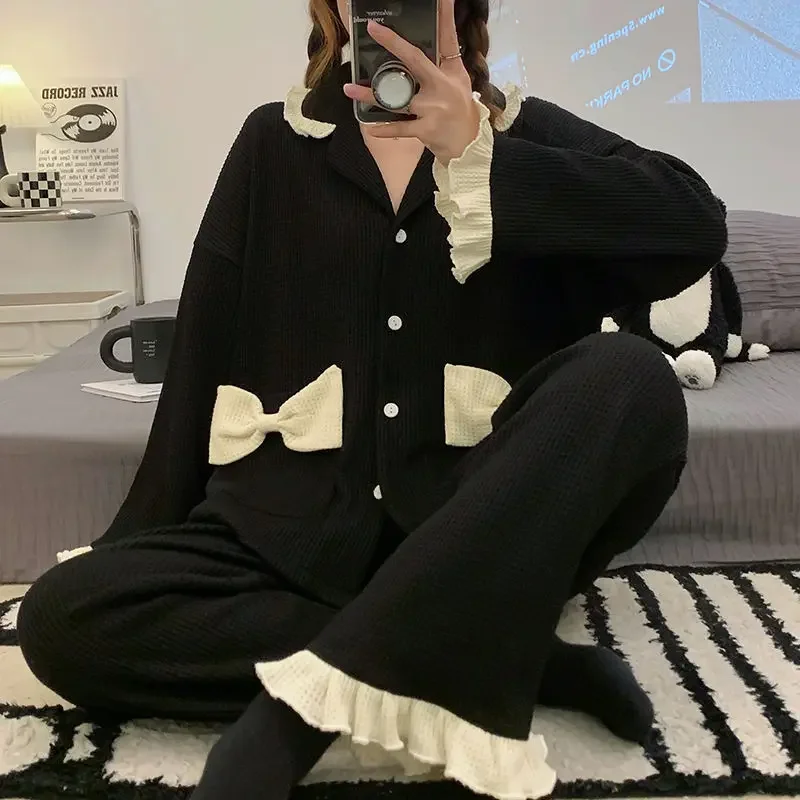 

Пижамный комплект Женский с бантом, пэчворк, пияма, комплекты из 2 предметов, Корейская одежда для сна с длинным рукавом, на пуговицах, с оборками, домашний костюм