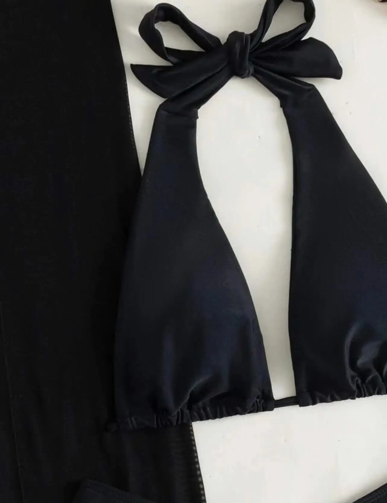 2023 New Arrival Sexy Solid 3 Piece Women's Swimsuit With Beach Skirt Cover Up Top Halter Bikini Set Swimsuit For Women