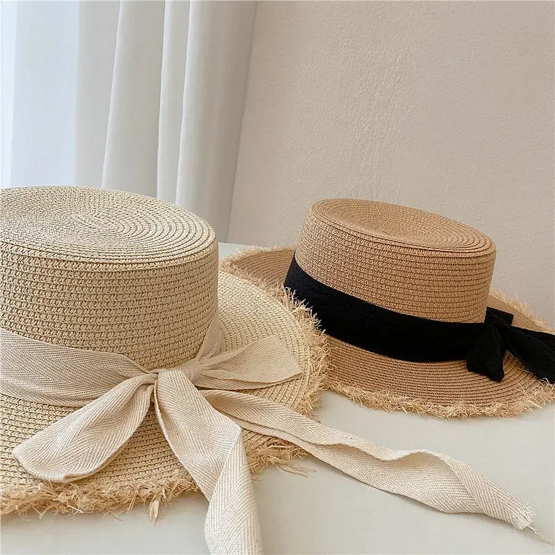 Beach HatJapanese Everything Hairy Edge Straw Hat Female Summer Flat Top Outing Sun Hat Small Fresh Bow Sun Shade Beach