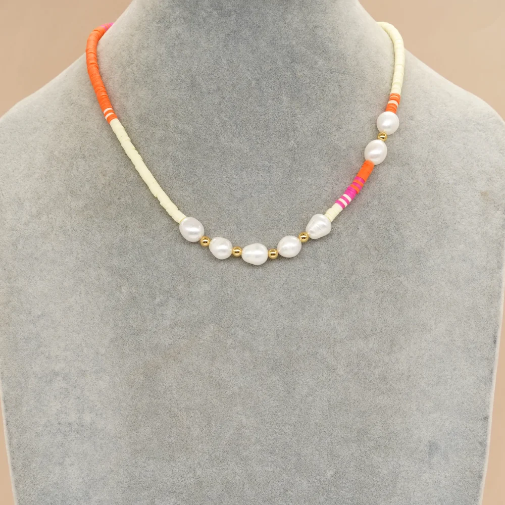 

Women Golden Plated Chain Choker Necklace Colorful Clay Pendant Necklaces Teen Girl Natural Pearl Summer Beach Fashion Jewelry