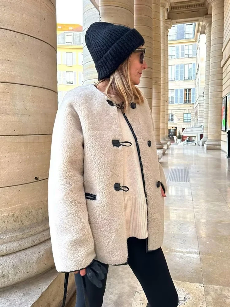 

SLTNX TRAF Faux Fur Coat for Women 2023 Winter O-Neck Chic Single-breasted Warm Jacket Coat Ladies Casual Loose New In Outerwear