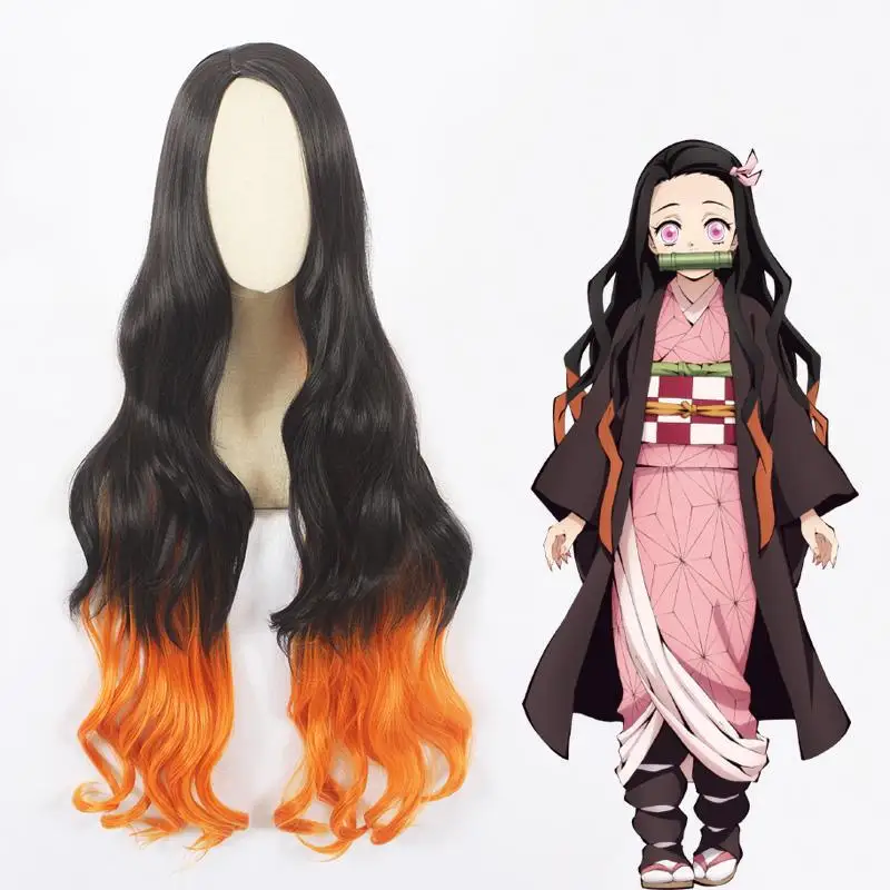 WoodFestival Synthetic Hair Party Wigs Cosplay Wig Wavy Long Ombre Black Orange Anime Demon Slayer Halloween Costume