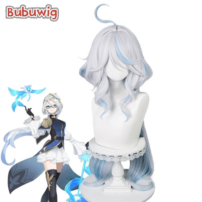 Bubuwig Synthetic Hair Focalors Cosplay Wigs Genshin Impact Focalors 100cm Women Long Silver Mixed Blue Wigs Heat Resistant