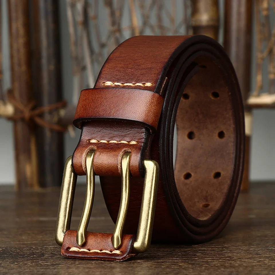 3.8cm European And American Men Belt Genuine Leather Double Needle Buckle Waist Seal Cowhide Business Office Copper Buckle Belt