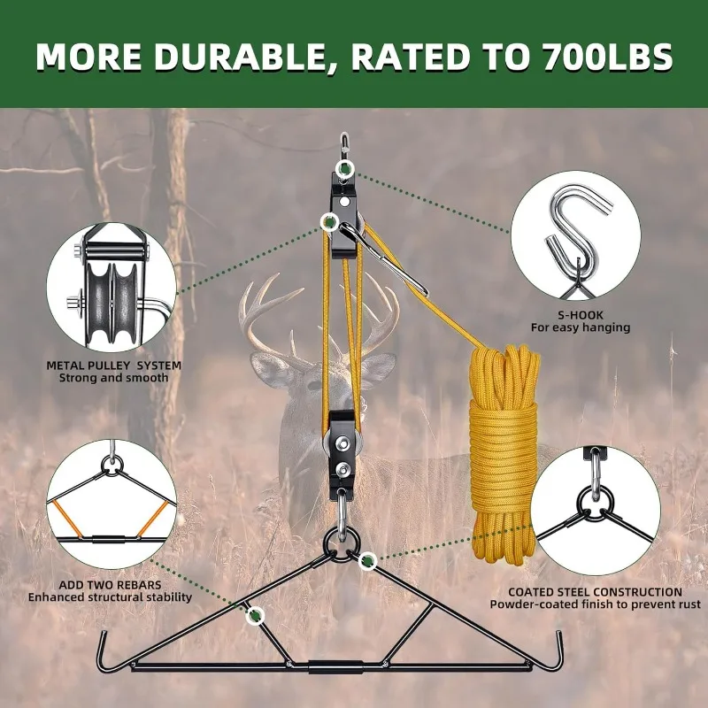 Deer Hanger Pulley Lift System Rated 700 Lbs Gambrel for Skinning with Wear-Resistant Tangle-Free Rope Deer Hunting Accessories