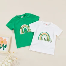 T shirt de la saint Patrick unisexe en coton pour enfants, pull à col rond à manches courtes, imprimé trèfle arc en ciel, pour bébés filles et garçons de 2 à 7 ans 