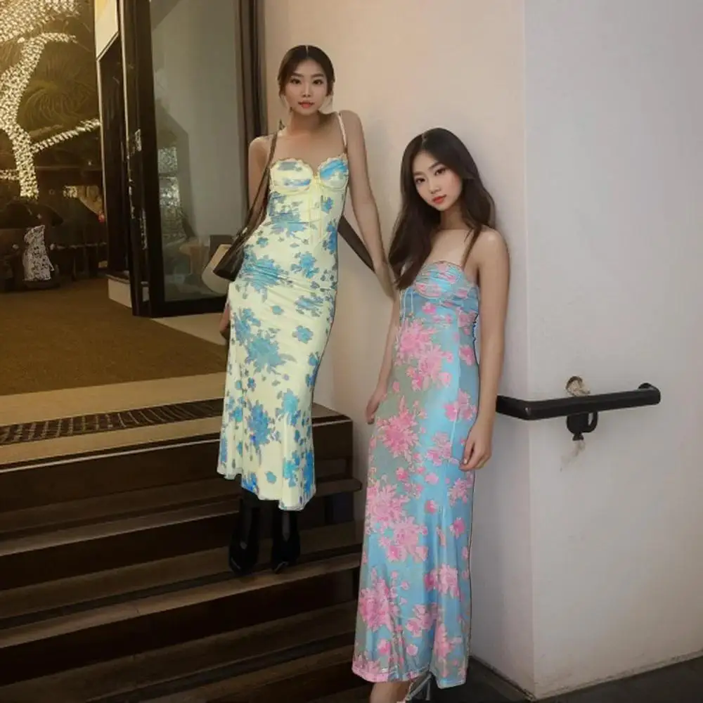 

Sexy Floral Print Sling Dress for Women Sleeveless Spaghetti Strap Bodycon Long Dress Summer Vacation Party Backless Skirt