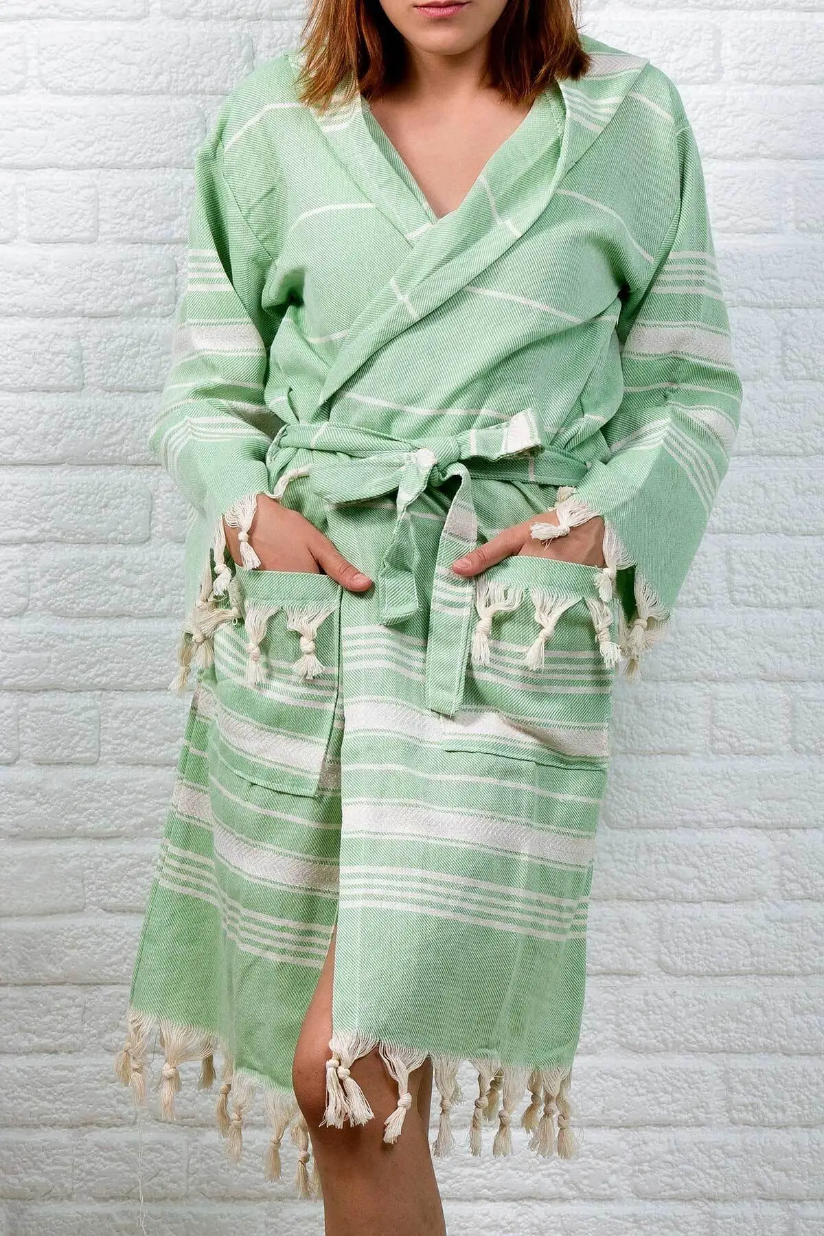 Handmade Bathrobe Peshtemal 100%Cotton Natural Hooded Bath Beach Shower Gown Stylish High Quality New Season Turkish Hand Woven